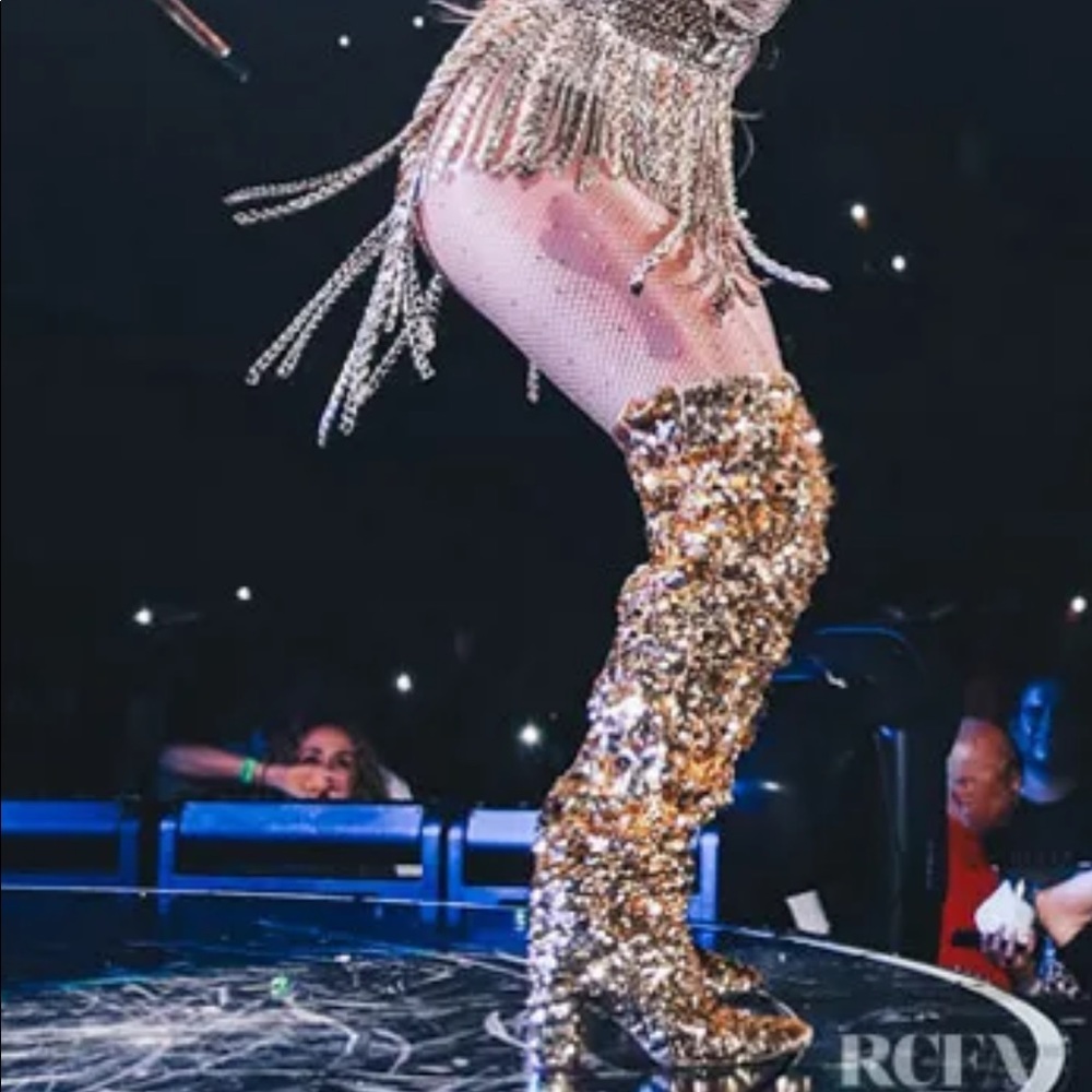 Stuart Weitzman Steel 100 Gold Sequin Thigh-high Boots As Seen on Jennifer Lopez